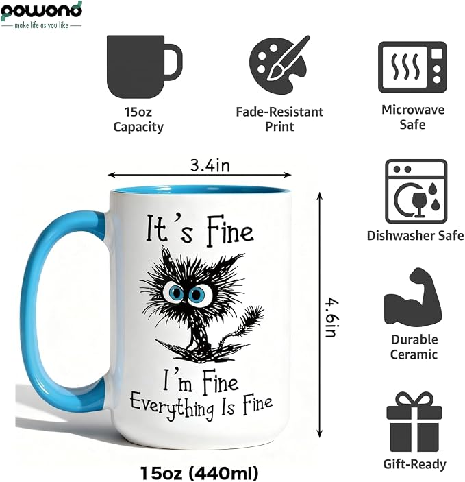 Funny Black Cat Coffee Mug, 15oz I Am Fine Everything's Fine Mug | Microwave & Dishwasher Safe, Gag Gift for Cat Lovers, Large Ceramic Mug, Double-Sided Print - Image 2