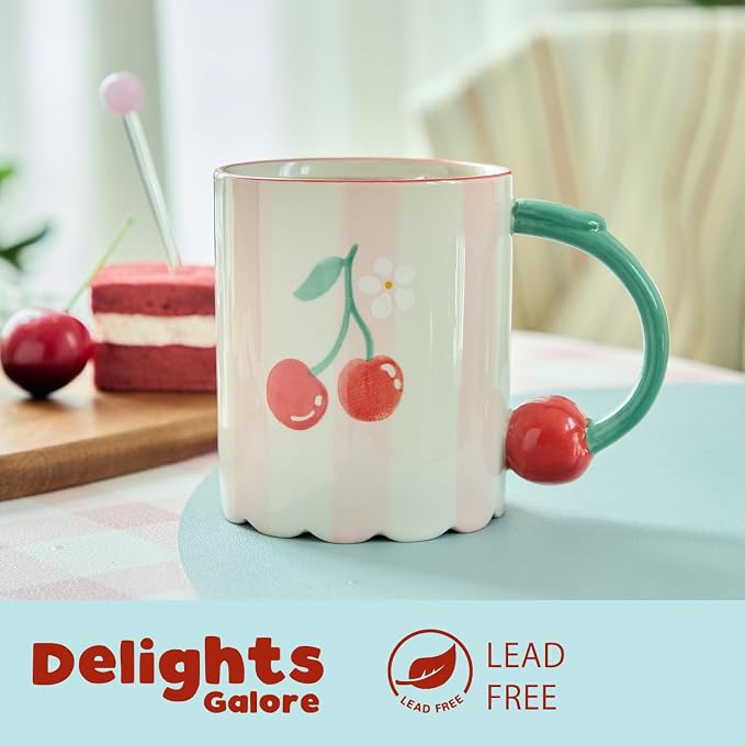15oz Hand Painted Mug with 3D Cherry Handle - Strawberry & Cherry Pattern. Lead-Free, Microwave/Dishwasher Safe. Aesthetic Coffee Tea Cup Gift for Women & Girls-4pack - Image 8