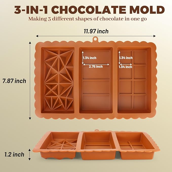 Dubai Chocolate Bar Mold, 1.2 Inch Deep Silicone Chocolate Molds, 3-Cavity Large Candy Bar Mold for Dubai Pistachio Chocolates, Candies, Desserts