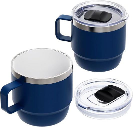 Zenbo 8 oz Stackable Coffee Mugs with Handle & Magnetic Sliding Lid, 2 Pack | Ceramic-Lined 18/8 Stainless Steel Espresso Cups, Double-Wall Vacuum Insulated Mini Tumblers, Dishwasher Safe, Navy by Zenbo