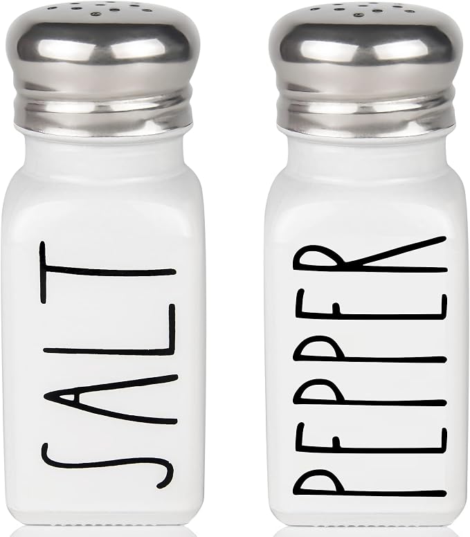 White Salt and Pepper Shakers Set by Brighter Barns - Neutral Minimalist Kitchen Decor - Modern Farmhouse Kitchen Decor - Cute Glass Shakers for Home Restaurants Weddings & Stainless Steel Lid (White) by BrighterBarns