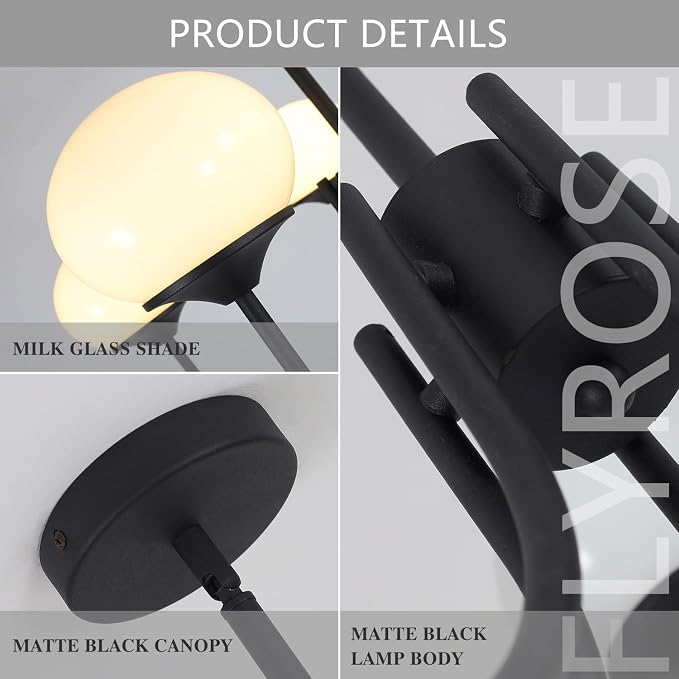 5 Light Black Milk Glass Chandelier Farmhouse Pendant Lights Kitchen Island Frosted White Globe Chandelier Mid Century Modern Dining Room Light Fixtures Over Table - Image 3