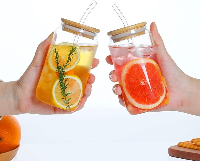 glass 16 ounces (approximately 453.6 grams), 1 glass with lid and straw - coffee cup, water, beer, cute tea, gift -1 cleaning brush, 2 straw