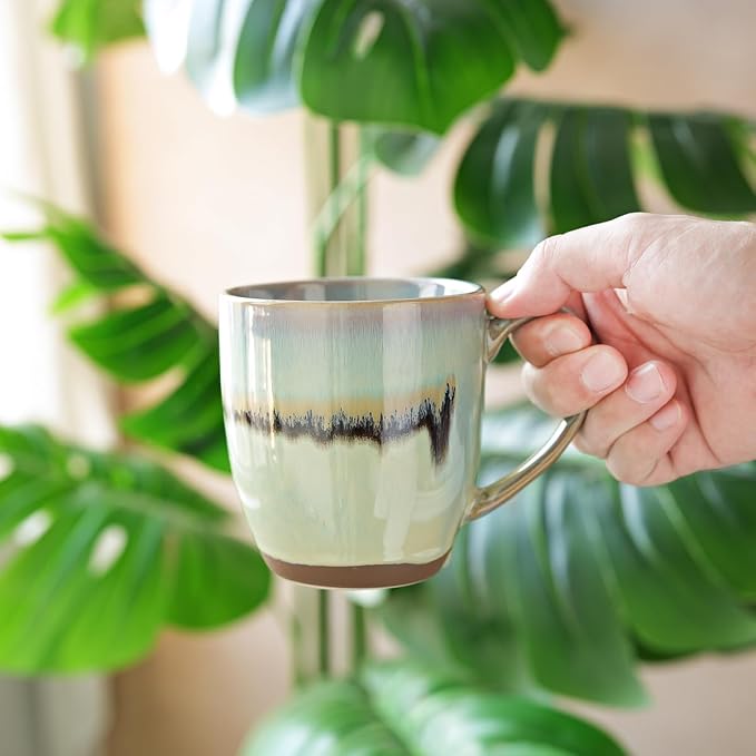 Bosmarlin Ceramic Coffee Mug Set of 4, 17 Oz, Coffee Cups with Big Handle, Microwave Safe, Unique Reactive Glaze (17 Oz, Turquoise Green Light) - Image 6