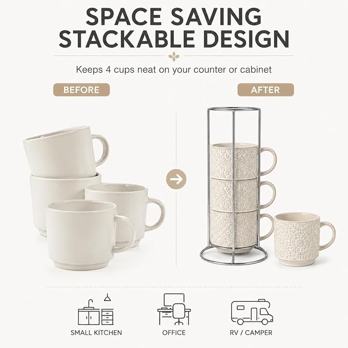 6 Oz Coffee Cups Set of 4, Espresso Cups with Stand, Stackable Cappuccino Mugs Set, Embossed Coffee Cup for Latte, Tea, Cocoa, Mocha, Housewarming Present, Dishwasher Safe - Image 8
