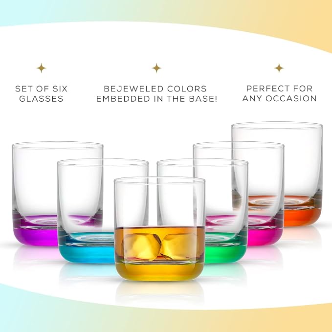 JoyJolt Hue Colorful Whiskey Set of 6, 10oz Drink Glasses, Double Old Fashioned Glass, Modern Whiskey Glass Set for Bar, Low Ball Cocktail Tumbler Glasses - Image 6