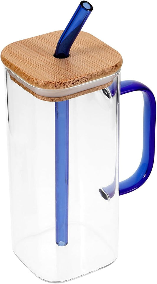Luxshiny High Temperature Resistant Transparent Glass Cup with Lid and Straw Black Square Tumbler for Iced Coffee Juice Tea Milk Drinking Bottle with Handle for Students and Summer Use