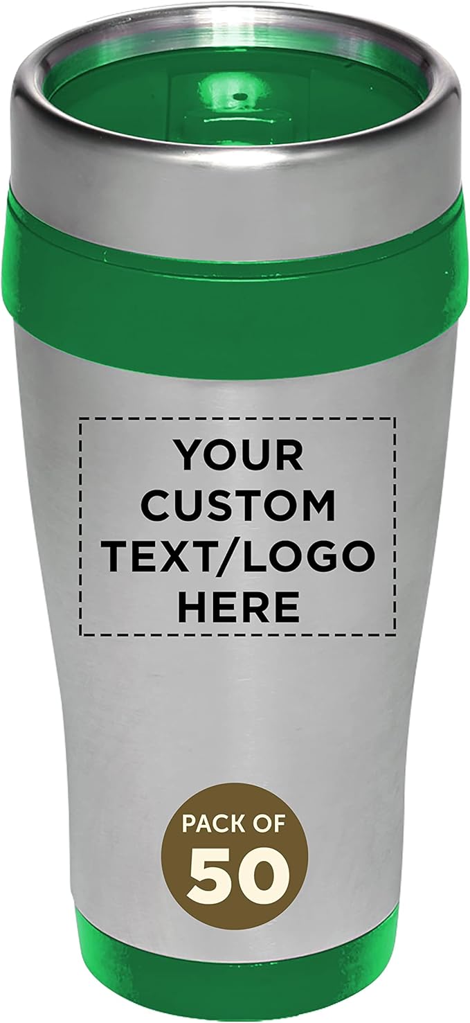 Custom Insulated Stainless Steel Travel Mugs 16 oz. Set of 50, Personalized Bulk Pack - Perfect for Coffee, Soda, Other Hot & Cold Beverages - Green