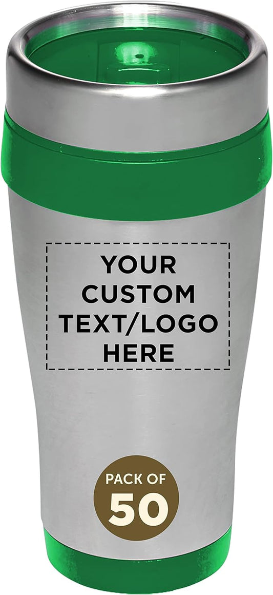 Custom Insulated Stainless Steel Travel Mugs 16 oz. Set of 50, Personalized Bulk Pack - Perfect for Coffee, Soda, Other Hot & Cold Beverages - Green