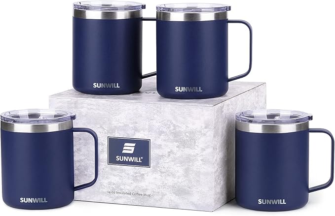SUNWILL Travel Coffee Mugs Set of 4, Insulated Tumbler with Lid, 14oz Stainless Steel Cup with Handle Bulk for Gift, Camping, Office, Powder Coated Navy Blue by SUNWILL