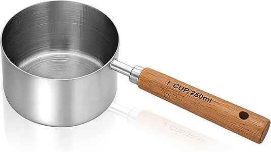 Measuring Cup with Wooden Handle, 1 Cup Stainless Steel Measure Scoop 250 ml Dog Cat Food Scoop for Wet and Dry Ingredients