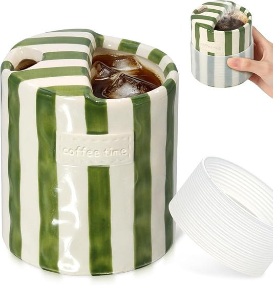 10 oz Ceramic Coffee Mug with Sip Hole & Silicone Sleeve, Green | Cute Hand-Painted Striped Porcelain, Gift for Coffee Lover, Cold & Hot Drinks, Microwave & Dishwasher Safe by ZLEVEAYN