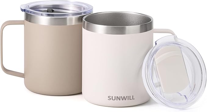 SUNWILL Travel Coffee Mug Set of 2, Insulated Tumbler with Lid, 14oz Stainless Steel Cup with Handle for Camping, Office, Home, Powder Coated Cream & Taupe - Image 2