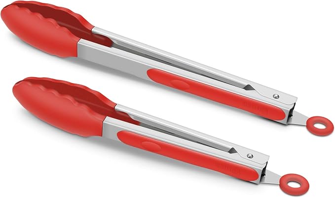 2 Pack Silicone Kitchen Tongs, 9 & 12 Inch, Stainless Steel, Red by ALLWIN-HOUSEWARE