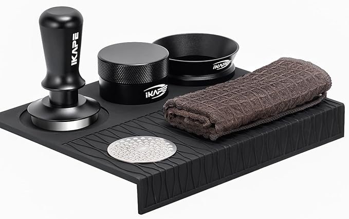 IKAPE 53MM Coffee Tamper Set Black 6 IN 1, Espresso Tool Kit for Making Perfect Shots – Tamper, Distributor, Funnel, Mat, Screen, and Towel