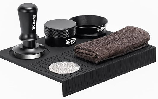 IKAPE 53MM Coffee Tamper Set Black 6 IN 1, Espresso Tool Kit for Making Perfect Shots – Tamper, Distributor, Funnel, Mat, Screen, and Towel