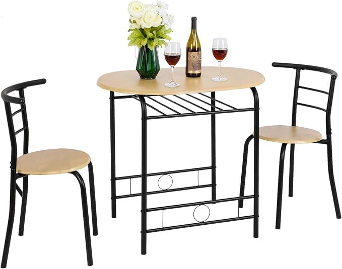 VINGLI 3 Piece Dining Set,Small Kitchen Table Set for 2,Breakfast Table Set for 2,Kitchen Wooden Table and 2 Chairs for Small Space/Dining Room/Apartment,Metal Frame,Wine Rack,Black&Natural by VINGLI