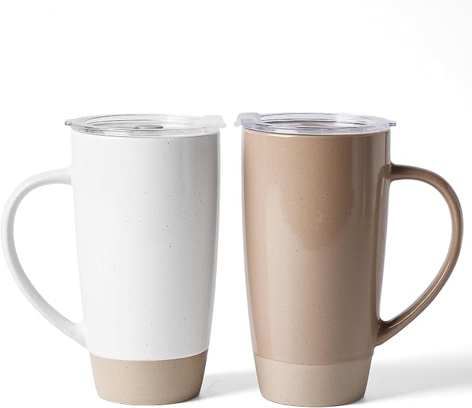 famiware Milkyway Coffee Mugs, 20oz Large Coffee Mug, Ceramic Mug Set of 2 with Lid, Cup Set with Handle for Latte, Tea, Cocoa, Milk, Home & Office, White and Cinnamon Brown by Famiware