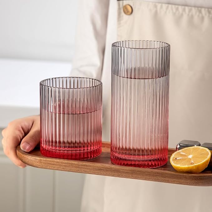 Ribbed Drinking Glasses 8pcs, 12oz and 10oz Glassware, Tumbler Glasses Cup Set for Wedding, Party, Christmas Gift, Grey Pink - Image 5