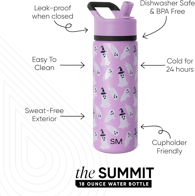 Simple Modern Halloween Kids Water Bottle | 14oz | Ghosts | Insulated Stainless Steel Toddler Water Bottle, Kids Tumbler with Straw | Spill Proof for School, Girls, Boys, Witchy Ghosts - Image 3