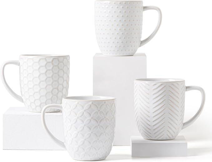 FOBENTA Ceramic Coffee Mugs Set of 4, 16 oz Coffee Cups with Embossed Design – Perfect for Latte, Tea & Cocoa, Gift for Women, Mom & Friends by FOBENTA
