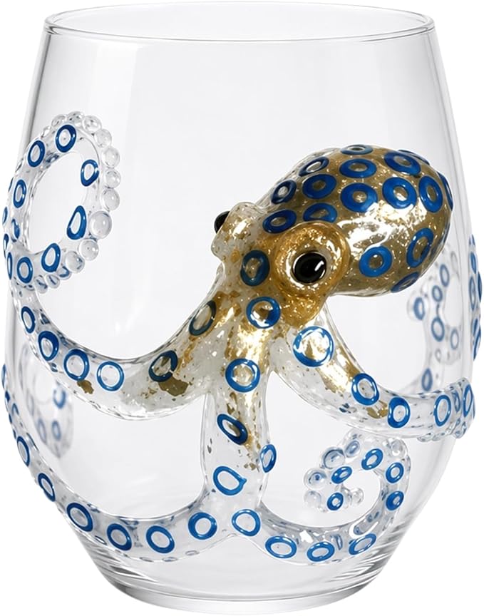 Handmade 3D Blue Ring Stemless Glass Wine Cup Ocean Bar (White Style 1) | 3D Sculpted Handmade Blue Ring Stemless Glass Ocean Cup Handblown Glassware (White Style 1) by Unknown