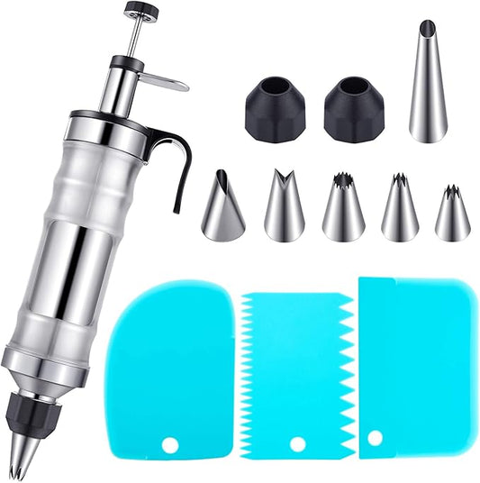 Patelai Cake Decorating Syringe Set, Stainless Steels Dessert Frosting Piping Kit with 6 Icing Piping Tips 3 Cream Scraper for Cupcake Decorating Tools(Black, Blue)