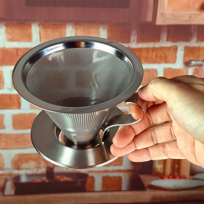 Reusable 304 Stainless Steel Coffee Filter with Handle - 300 Mesh Fine Brew for Coffee Tea,Easy to Clean, Rust-Resistant Design,Silver