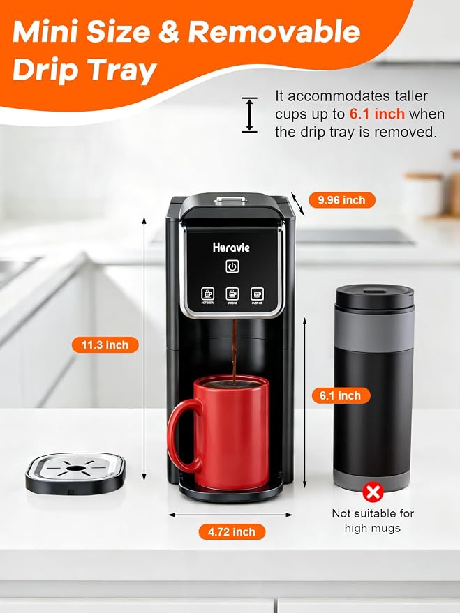 Horavie Hot and Iced Single Serve Coffee Maker, for K-Pod and Grounds, Strong Brew Setting, 6-12 Oz Brew Sizes One Cup Coffee Maker for Home, Travel, RV, Office and Dorm, Black - Image 6