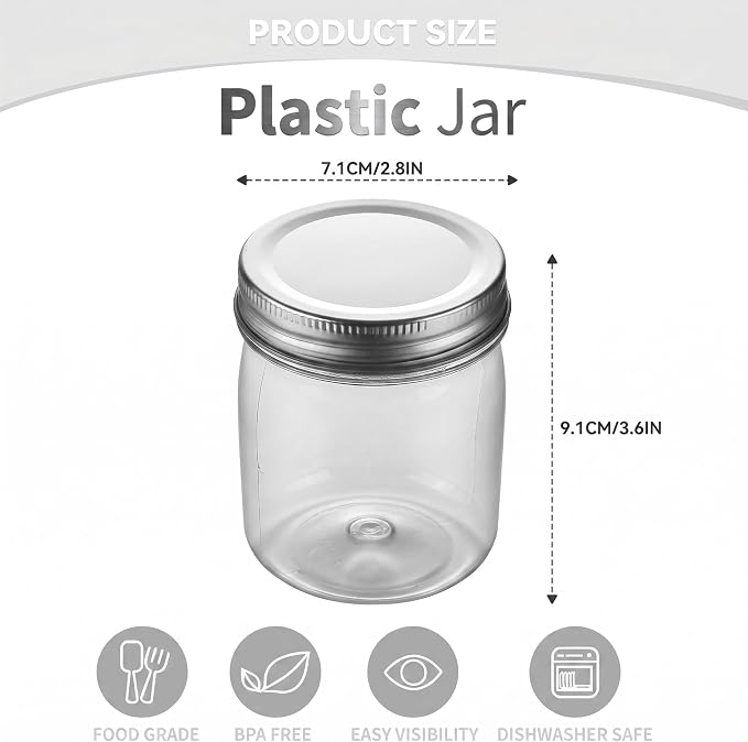 novelinks 8 oz Plastic Mason Jars and Clear Plastic Jars with Lids 8 oz | 8 Pack, Silver, Plastic Containers with Lids, Small Mason Jars, Clear Jars Bulk, Spice Jars, Slime Jars, Mini Jars - Image 2