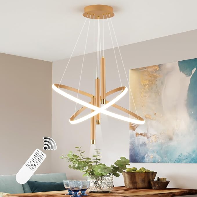 ORANOOR LED Gold Modern Chandeliers, Dimmable 24inch Kitchen Pendant Lights | LED Gold Dining Room Light Fixtures Ceiling Hanging Over Table, 2 Ring Round Chandelier for Dining Room Bedroom Living Room by ORANOOR
