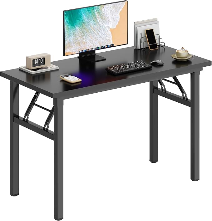 DlandHome 39.4 Inch Small Folding Computer Desk for Home Office, Black | Foldable Writing Table for Small Spaces Bedroom, No Assembly Required, Wood Top Metal Frame, Collapsible Compact Easy Storage by DlandHome