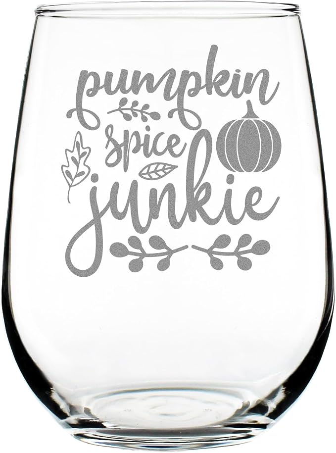Pumpkin Spice Junkie 17oz Stemless Wine Glass, Hand Engraved Fall Glassware, Etched Autumn Leaves & by Make+Your+Mark+Design