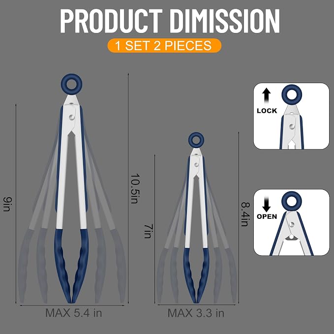 HOTEC Premium 7 & 9 Inch Kitchen Tongs, Stainless Steel Locking Cooking Tongs with Silicone Tips, Non-Scratch & Heat Resistant, Serving Tongs for Salad, BBQ, Classic Blue, Set of 2 - Image 8