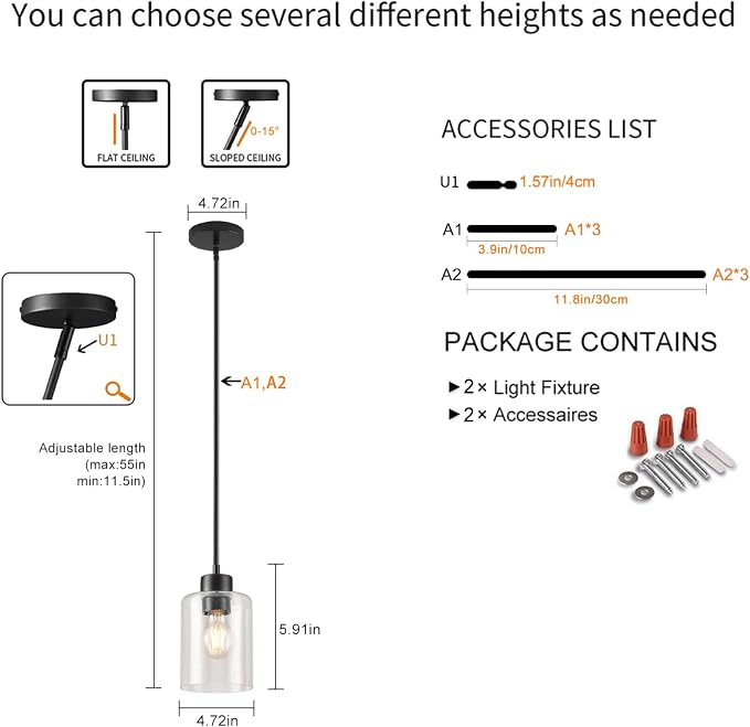 Black Pendant Lights Kitchen Island - Seeded Glass Pendant Light Fixture Multiple Stems Rods 3 Units 12 Inch 3 Units 4 Inch (2 Pack Black Seeded Downrod) - Image 4