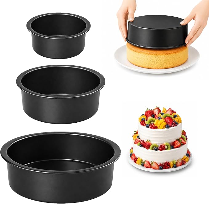 3-Piece Round Cake Pans Set (4", 6", 8"), Heavy-Duty Carbon Steel Baking Pan Set for Layer Cakes and Deep Dish Pizzas, Non-Stick Professional Tiered Cake Molds, Straight Side & Dishwasher Safe, Grey by Unknown