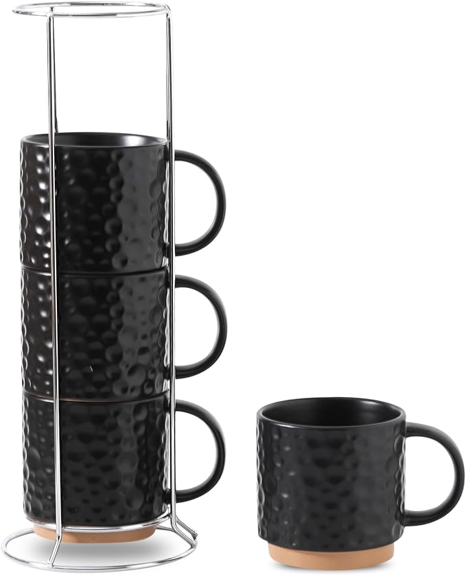Nihow 16 Oz Ceramic Coffee Mug Set of 4 with Stackable Stand,Matte Black | Stackable, Stainless Stand Included, Cappuccino & Tea, Hot/Cold Drinks, Dishwasher & Microwave Safe by Nihow
