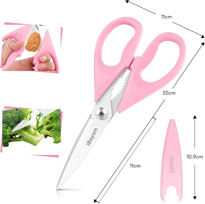 iBayam Pink Kitchen Scissors All Purpose Heavy Duty & Comfort Grip & Cover | Dishwasher Safe, 8.7" Stainless Steel Sharp Scissors Food Poultry, 2-Pack Pink Kitchen Utensils Gadgets for Cooking & Baking - Image 3