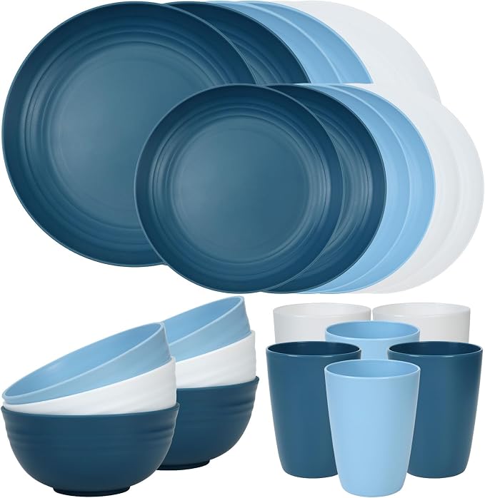 Quatish 24 Piece Plates and Bowls Sets for 6, Unbreakable Dinnerware Sets, Dish Set for Camping, Dishwasher Microwave Safe, Outdoor Kitchen and Apartment Dorm Dinning RV Essentials, Blue by Quatish