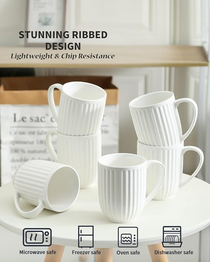 HASENSE Ceramic Coffee Mugs Set of 6, 16 Oz Large Ribbed Coffee Cups with Big Handle, Unique Modern Style White Latte Mugs for Tea,Cocoa,Milk,Cappuccino, Microwave & Dishwasher Safe - Image 4