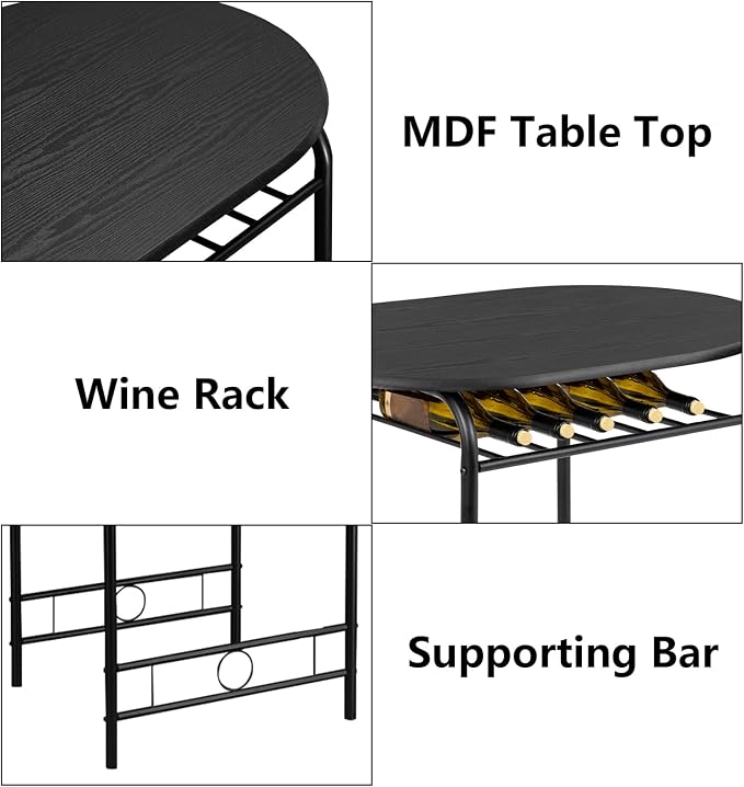 VINGLI 3 Piece Dining Set,Small Kitchen Table Set for 2,Breakfast Table Set,Kitchen Wooden Table and 2 Chairs for Small Space/Dining Room/Apartment,Metal Frame,Wine Rack,Black - Image 5