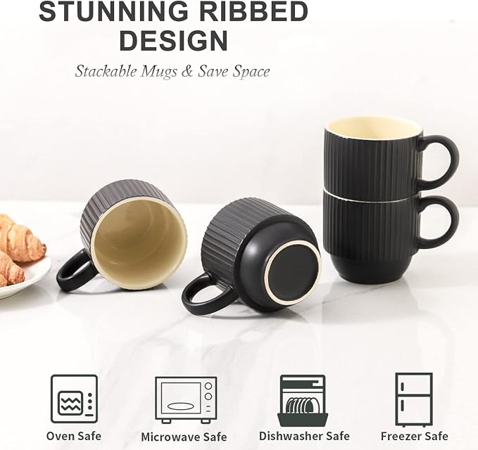 Hasense Black Coffee Mug Porcelain Set of 4 with Rack - 12 oz Stackable Coffee Cups Ceramic, Modern Ribbed Latte Cup Sets for Cappuccino, Tea, Espresso, Hot Cocoa, Drinks - Dishwasher & Microwave Safe - Image 4