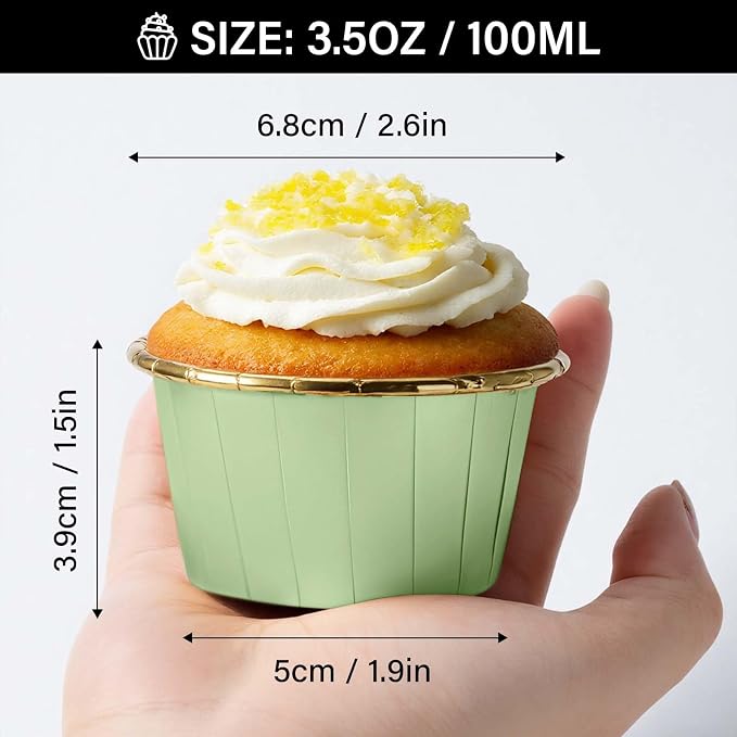EUSOAR Cupcake Cups, 50pcs 3.5oz Muffin Cupcake Liners Disposable Ramekins, Aluminum Foil Wrappers Paper Dessert Containers Mini Cheesecakes Holders for Birthday Wedding Party-Light Green/Gold - Image 2