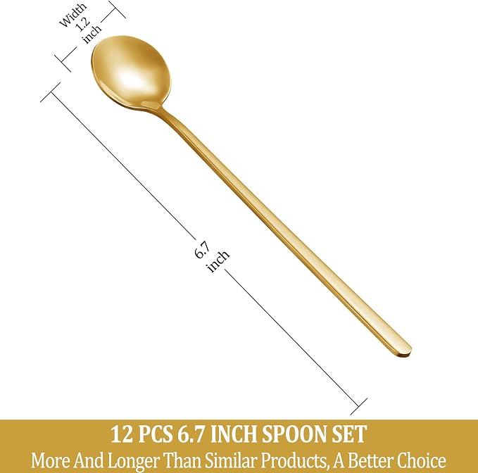 12 Pcs Coffee Spoons Set, 6.7" Gold Tea Spoons Long Handle, Gold Small Teaspoons, Stainless Steel Espresso Spoon, Long Spoon for Stirring, Coffee Bar Accessories - Image 2