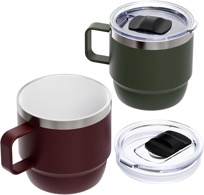 Zenbo 8 oz Stackable Coffee Mugs with Handle & Magnetic Sliding Lid, 2 Pack | Ceramic-Lined 18/8 Stainless Steel Espresso Cups, Double-Wall Vacuum Insulated Mini Tumblers, Dishwasher Safe, Red & Green by Zenbo