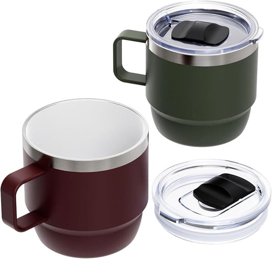 Zenbo 8 oz Stackable Coffee Mugs with Handle & Magnetic Sliding Lid, 2 Pack | Ceramic-Lined 18/8 Stainless Steel Espresso Cups, Double-Wall Vacuum Insulated Mini Tumblers, Dishwasher Safe, Red & Green by Zenbo