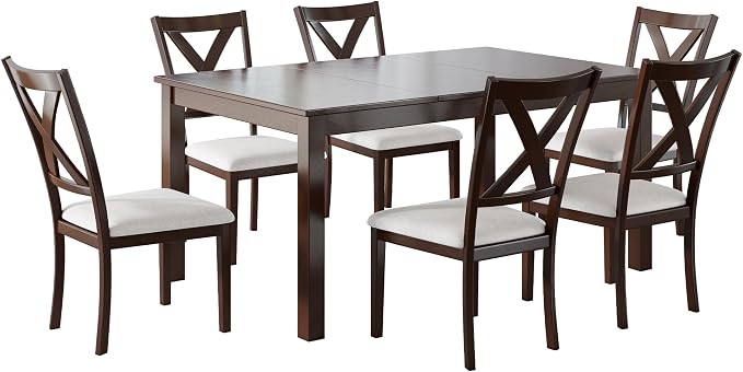 AMERLIFE 7-Piece Farmhouse Dining Table Set for 6, 60'' Table and 6 Chairs | Solid Wood Kitchen Table with 6 Upholstered Chairs, Space-Saving Dining Set for Dining Room, Kitchen, Small Apartment, Brown - Image 9
