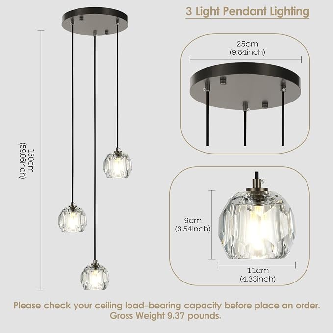 3 Lights Pendant Lighting, Brushed Black Cluster Pendant Light Kitchen Island, Cut Crystal Pendant Light Fixture Hanging Lights for Dining Room Foyer Bathroom - Image 2