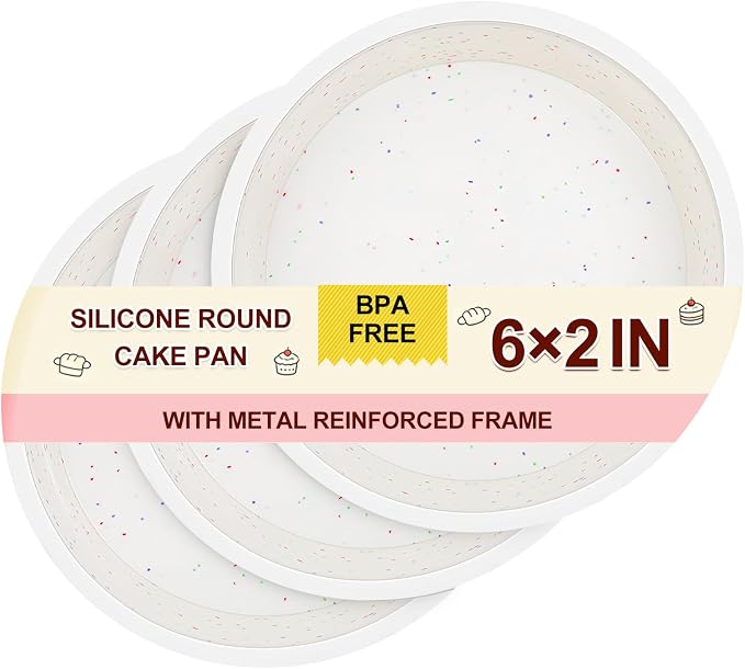 CAKETIME 6 Inch Silicone Round Cake Pan with Metal Reinforced Frame Set of 3, Non-stick & BPA Free, Even Heat Distribution, Stackable & Dishwasher Safe by CAKETIME