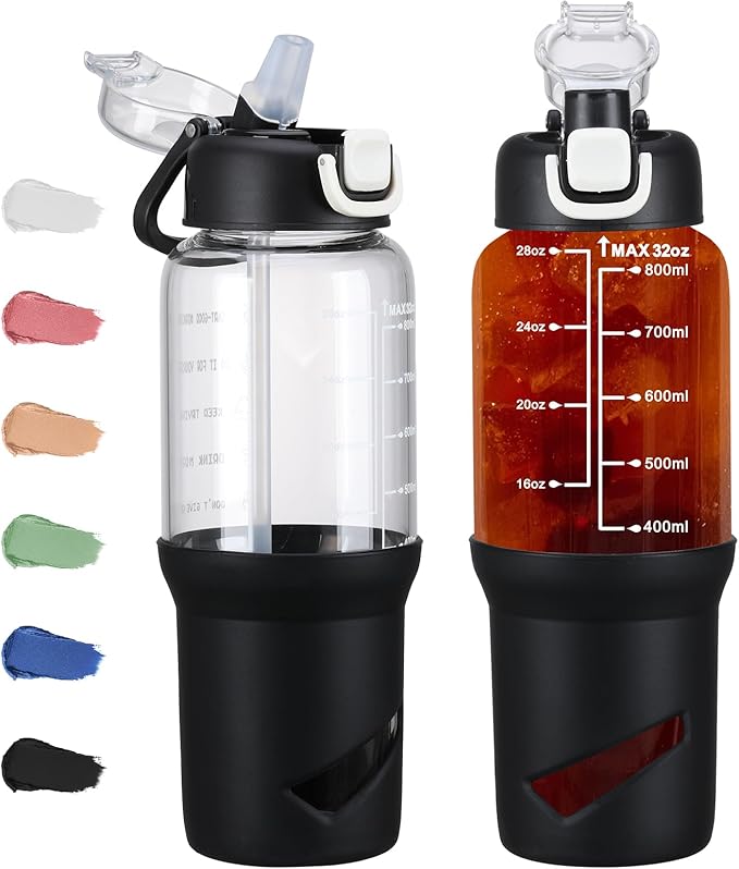 SIEROZUR 32 oz Glass Tumbler with Straw, Glass Water Bottles with 2 Lids-Handle Spout Lid & Straw Lid, 1 Liter Motivational Water Bottles, Silicone Sleeve, Fits Car Cup Holder,Black
